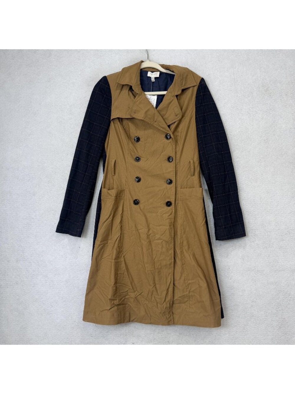 Harlyn Coat Womens Medium Beige Navy Check Colorblock Trench Lined Button Front